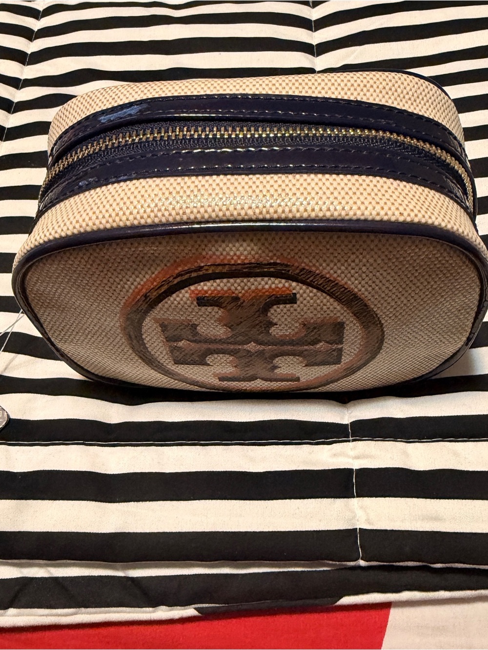 NWT Tory Burch Japan Anniversary Small Cosmetic Case Pouch Natural Navy Orange